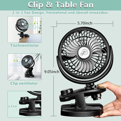 Upgraded mini USB clip fan with 5000mAh 2 in 1 table fan clip fan, auto-oscillating, quiet, stepless speed USB rechargeable portable fan for office camping Ø14.5cm