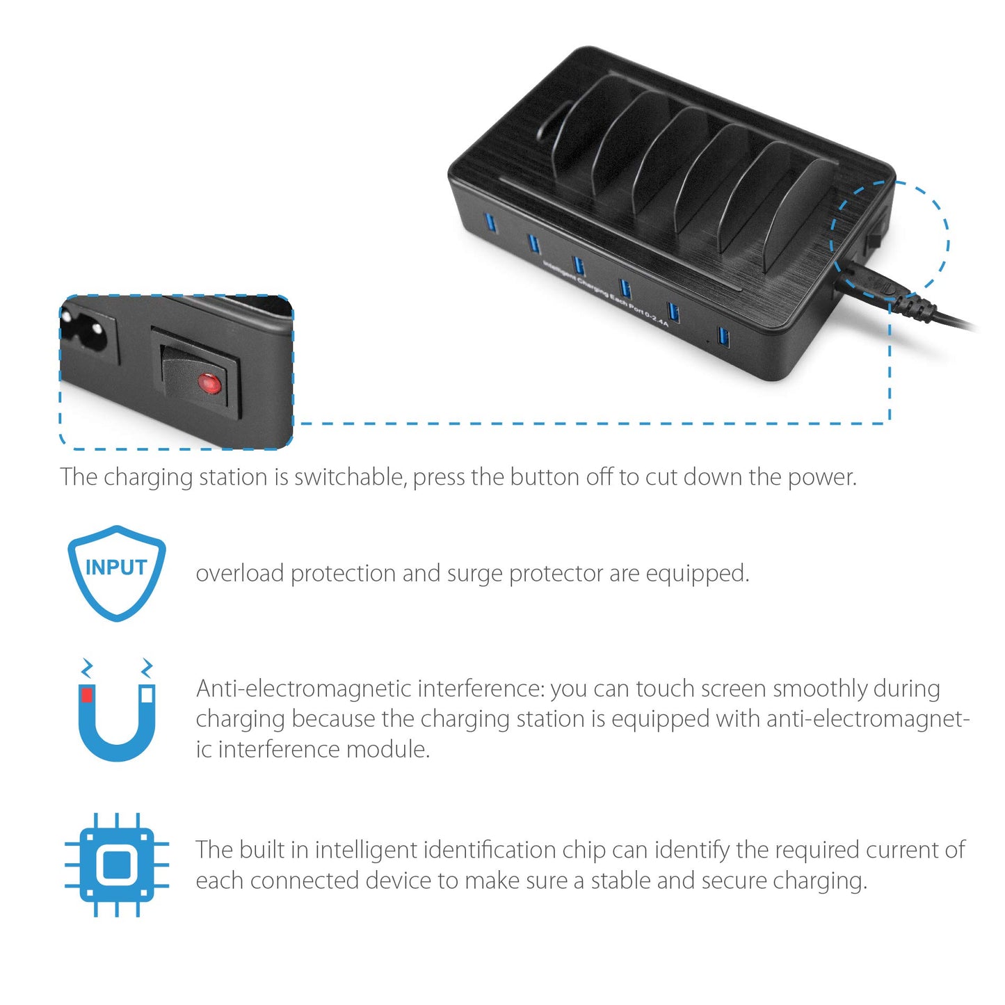 TechDot Mobile USB Charging Station Charging Station Multiple Devices 6 Port USB Multi Charging Station for Mobile Phones Smartphones Tablets (with 3 Micro USB Cables and 3 USB C Cables, Black)