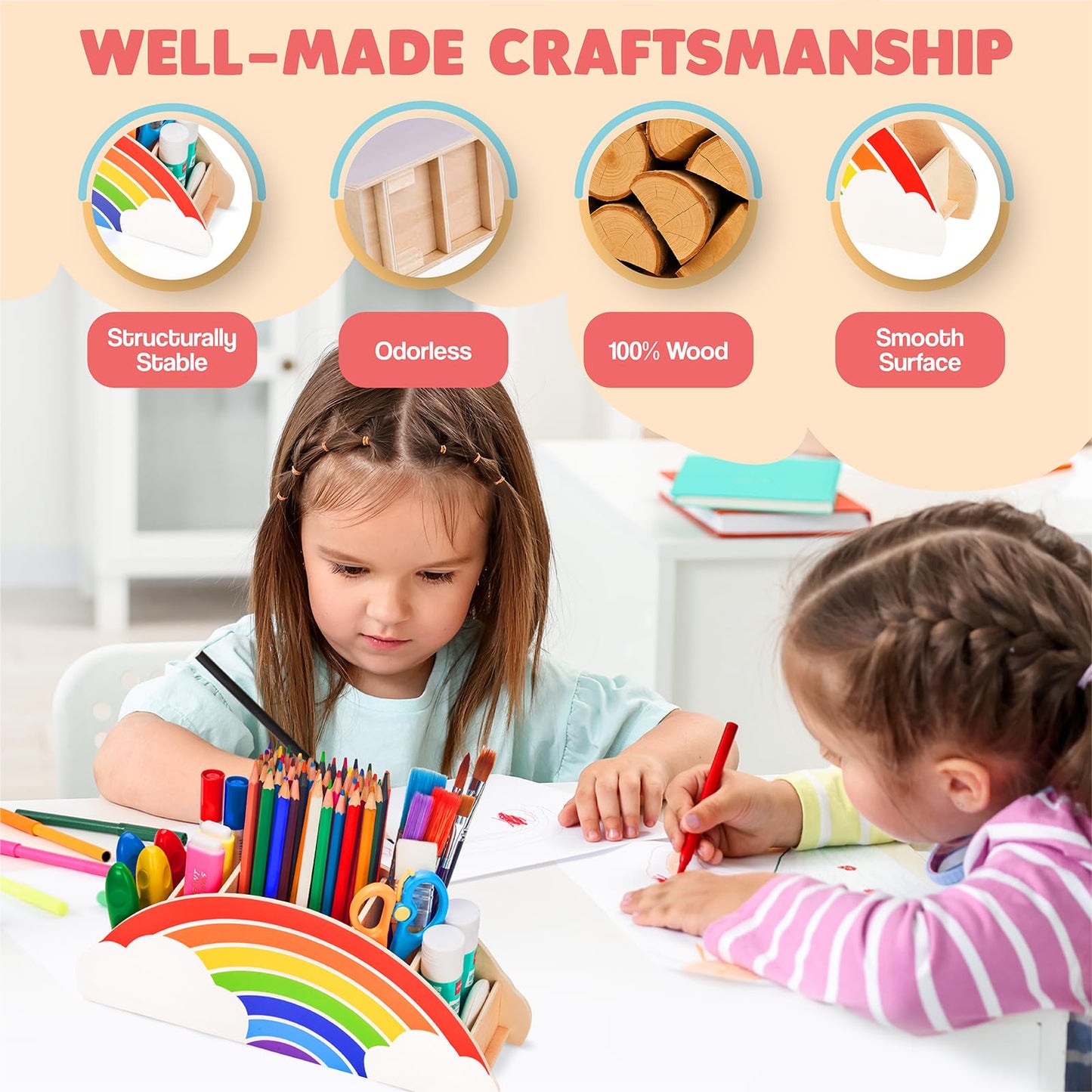 Wooden desktop organizer from Gamenote, rainbow pen holder pen holder/pen holder/desk organizer/multi-function organizer for kids office supplies, classroom organization (PH1)