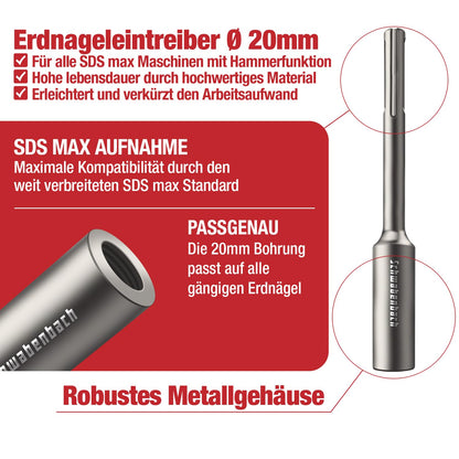 SCHWABENBACH® SDS MAX Earth Spike Driver - Robust tool for inserting deep earth spikes, 250 x Ø 32 mm, inner Ø 20 mm | Perfect for grounding stakes and secure earth anchoring.