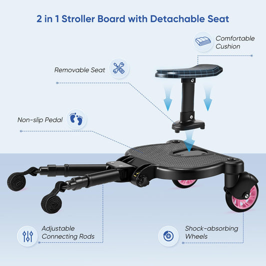 Buggy Board with Seat, FNRIDS Stroller Ride On Board Universal, with Hanging Strap, stable Two Wheel Design, 360 degree rotation, Stroller Accessory for children aged 2 to 6 years (25 kg) (Pink)