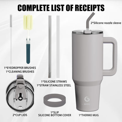 BIGRD 1.13 liter coffee mug to go, thermal mug, vacuum insulated double-walled leak-proof drinking bottle with straws & handle, BPA-free, travel mug for cold and hot (Ash)