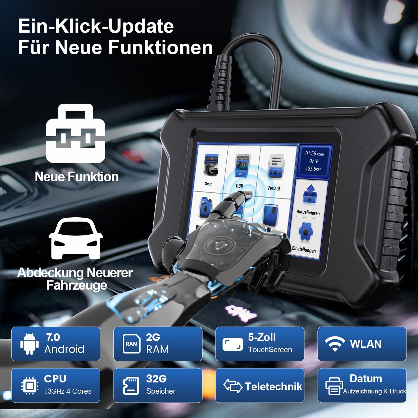 Car diagnostic tool, MUCAR CS5 OBD2 diagnostic tool with 5 system diagnoses (ECM/SRS/ABS/BCM/TCM), car diagnostic tool for AutoVIN, Android 7.0, free to use.