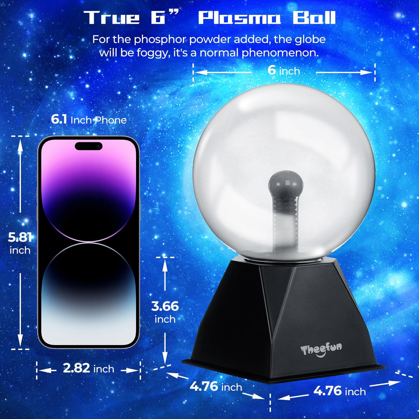 Theefun 6 inch Plasma Ball, Magic Light Ball Plasma Lamp Touch-Sensitive Lightning Sphere Flashing Educational Toy Physics Light Plasma Lamp Glass Sphere Light Effects, Blue