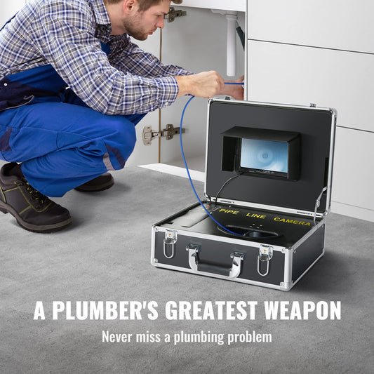 VEVOR 7" Professional Pipe Camera 20m Industrial Inspection Camera 1000TVL Endoscope Drain Camera 16GB SD Card IP68 Waterproof 480P Color Monitor DVR 4500mAh Lithium Battery 6 Hours Continuous Operation with Carrying Case.
