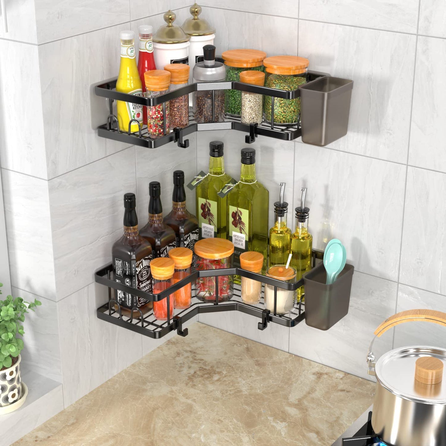 FINIBO Shower Shelf Without Drilling, 2 Pieces Self-Adhesive Corner Shelf Bathroom Organizer, Stainless Steel Shower Caddy with 4 Hooks and 2 Toothpaste Holders, Black Shower Rack Basket for Bathroom Kitchen
