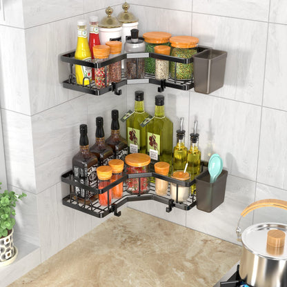 FINIBO Shower Shelf Without Drilling, 2 Pieces Self-Adhesive Corner Shelf Bathroom Organizer, Stainless Steel Shower Caddy with 4 Hooks and 2 Toothpaste Holders, Black Shower Rack Basket for Bathroom Kitchen