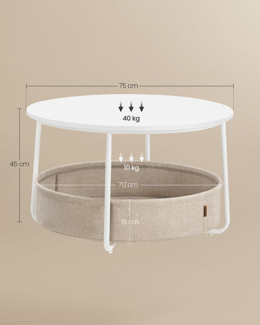 VASAGLE round coffee table with storage, side table, living room table with fabric basket, modern design, metal frame, matte white-camel brown LCT244W10