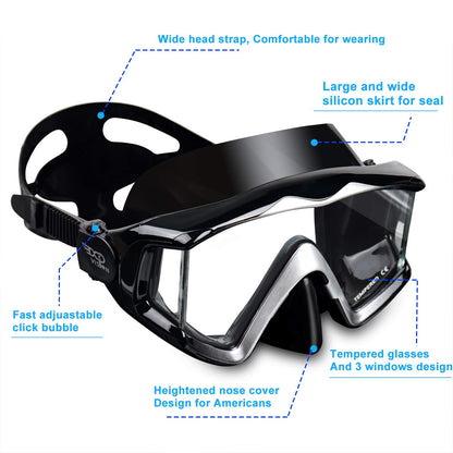 Snorkel diving mask with HD panoramic 3-window view for adults. Anti-fog tempered glass for clear underwater vision. Silicone diving mask for women and youth swimming goggles.