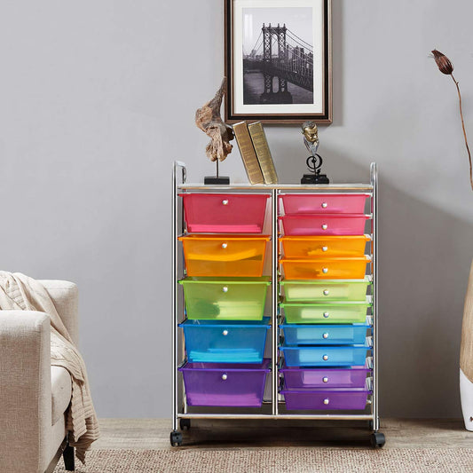 GOPLUS rolling cart with 15 stackable drawers, color options, utility cart household trolley storage cart bathroom cart shelf cart (Colorful)