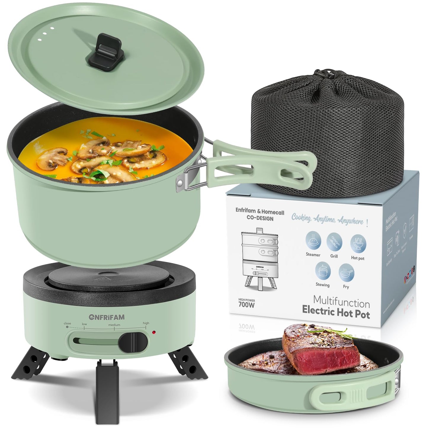 ENFRIFAM Electric Hot Pot with Foldable Handles, Portable Multi Cooker with Hotpot and Frying Pan for RV, Dorm, Office, Outdoor, Camping, 1.8L Soup Pot+0.75L Frying Pan