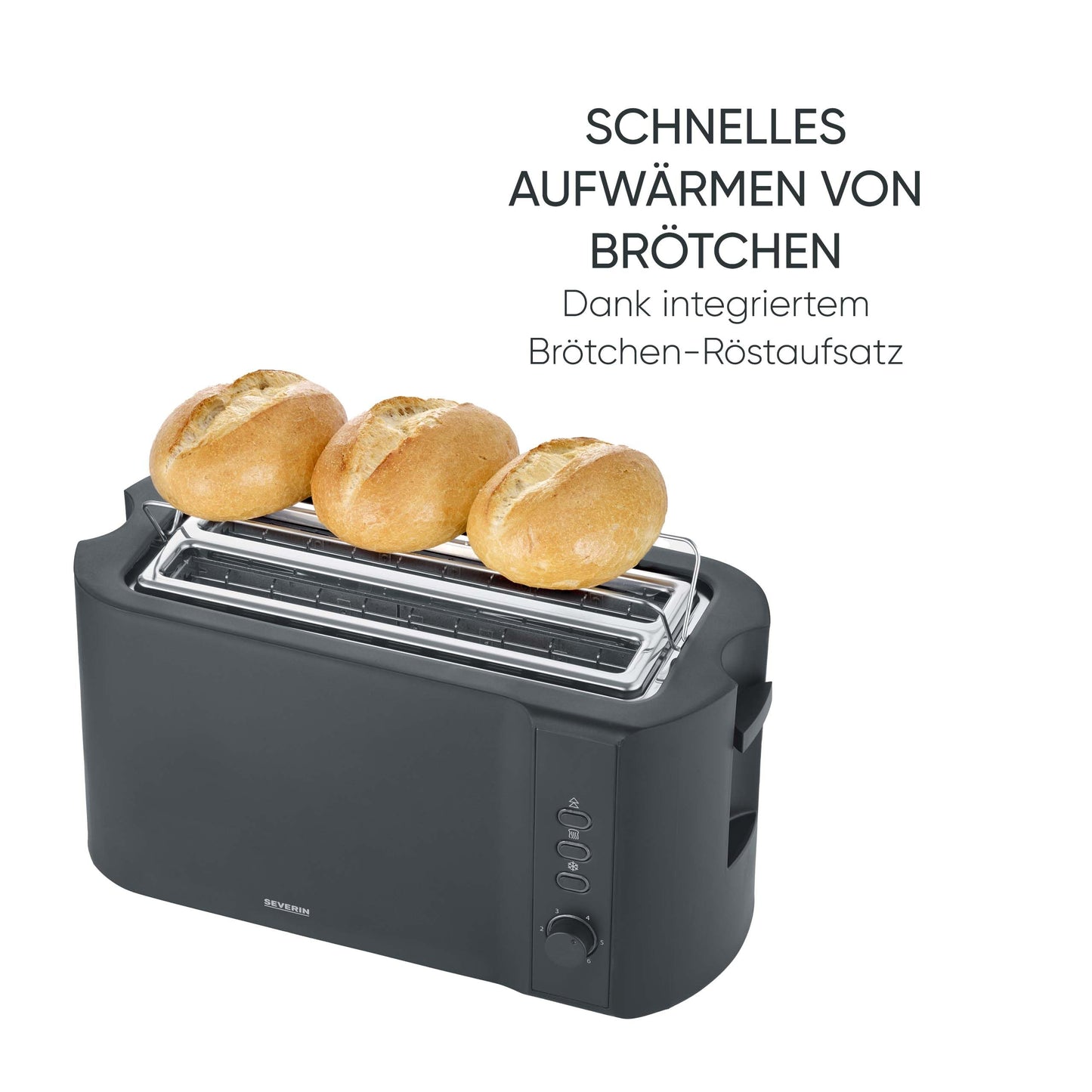 SEVERIN Long Slot Toaster, 4 slices with built-in bun warmer, 2 long slot toaster slots, various warming levels, 1,400 W, Matt Black, AT 2591