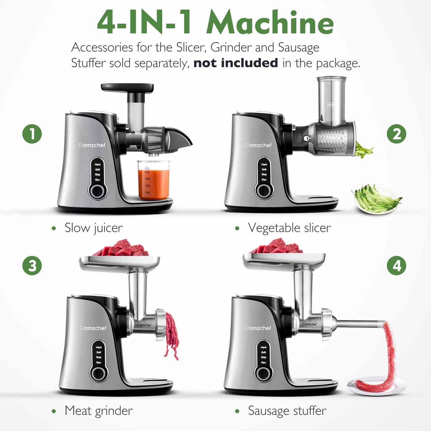 AMZCHEF Slow Juicer Vegetable and Fruit Juicer - 2 Speed Settings & High Juice Yield - Easy Disassembly with Reverse Function - Electric Juicer with Quiet Motor - Gray