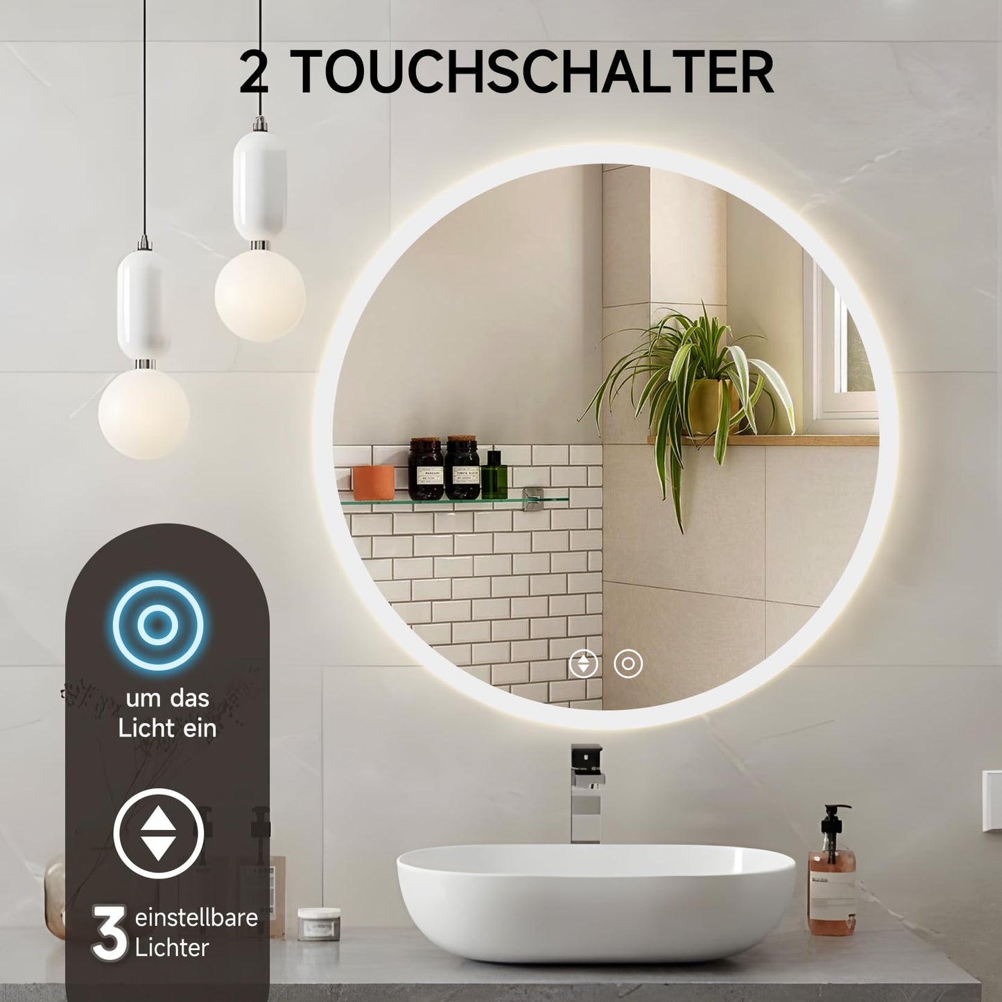 YOLEO round bathroom mirror with lighting, LED mirror with touch switch, LED fog-free bathroom mirror, 3 adjustable light colors, 50x50cm.