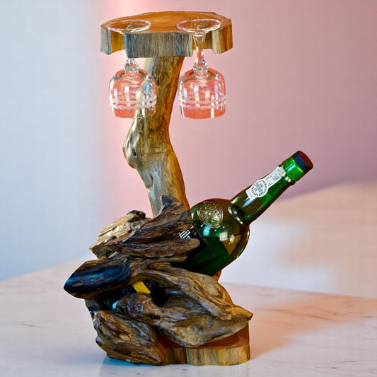 Teak root wood bottle holder - holds bottle and 3 glasses - perfect for presenting or gifting fine liquors and wines (1 bottle / 2 glasses natural)