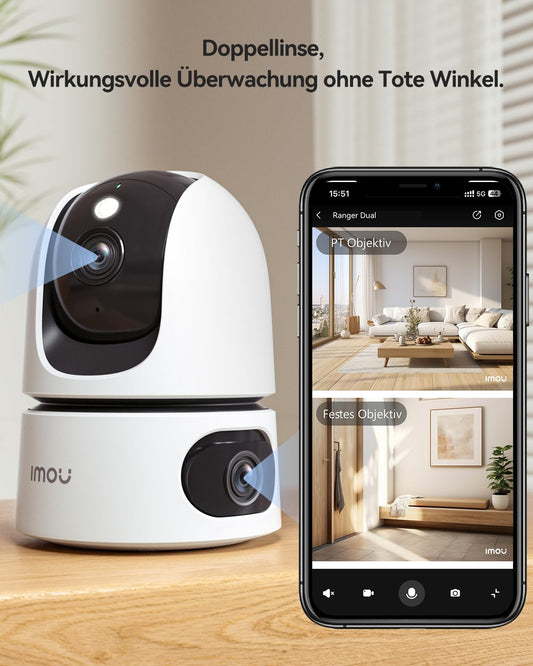 Imou 2K+2K dual camera indoor surveillance with AI human/animal detection, color night vision, 360° PTZ WiFi indoor surveillance camera, auto tracking, 2-way audio, siren, privacy mode. Perfect for baby/pet monitoring.