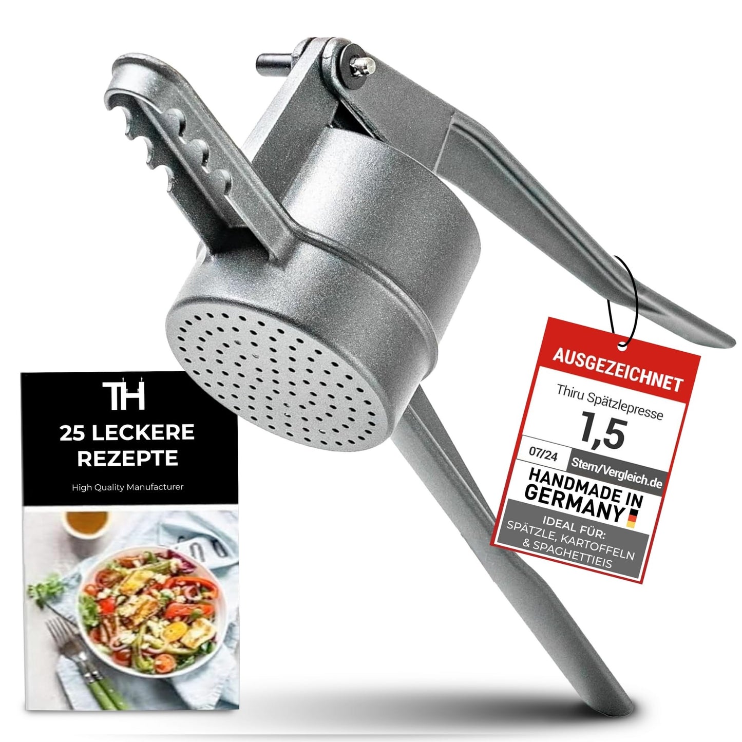 Thiru spaetzle press hole diameter approx. 3mm - test winner 2024 - try risk-free for 60 days - round hole with foam scoop & support lugs - ideal for spaetzle, mashed potatoes, juices - made in Germany.