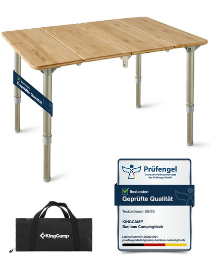 KingCamp Bamboo Camping Table Adjustable Folding Table for 1-2 People, Foldable Camping Table with 4 Folds and Carry Bag, Supports up to 80 kg, 60 x 40 cm, S-sized.