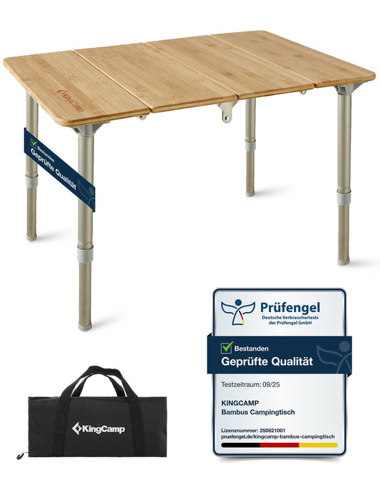 KingCamp Bamboo Camping Table Adjustable Folding Table for 1-2 People, Foldable Camping Table with 4 Folds and Carry Bag, Supports up to 80 kg, 60 x 40 cm, S-sized.