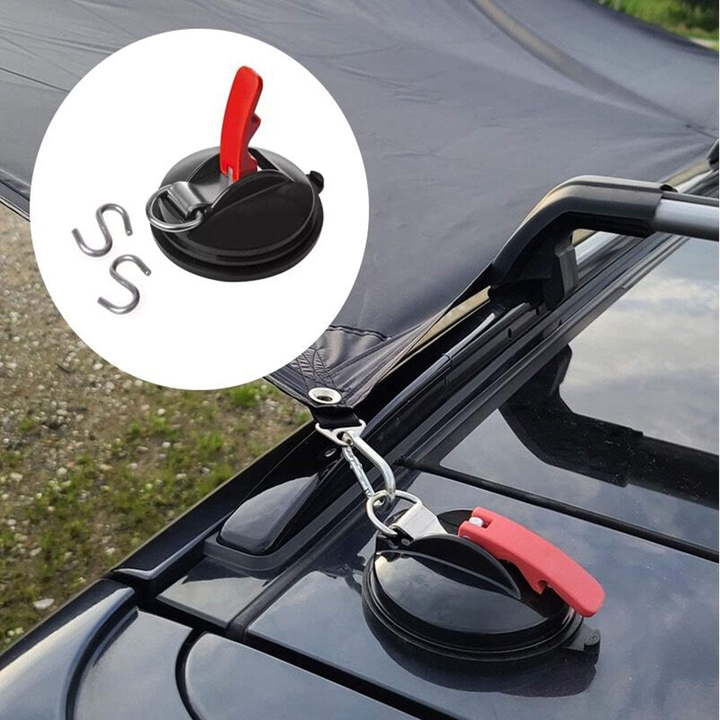 Suction cup hooks - set of 4 suction cups with 8 S-hooks, multi-functional suction cups, strong hooks for camping, RV, household, workshop, awnings, sunshades, tarps, car tensioners.