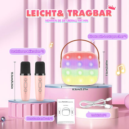 Dislocated Karaoke Machine with 2 Bluetooth microphones, girls' gift toy for 3-12 years old. Mini Karaoke microphone set for kids and adults. Portable speaker with DSP & LED lights.