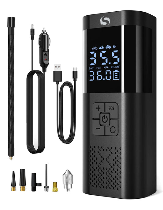 SERVOMASTER Electric Air Pump, Portable Mini Compressor with Gauge, 150PSI 12V DC Battery Powered Air Pump, Bike Pump with LED for Car Motorcycle Bicycle Ball