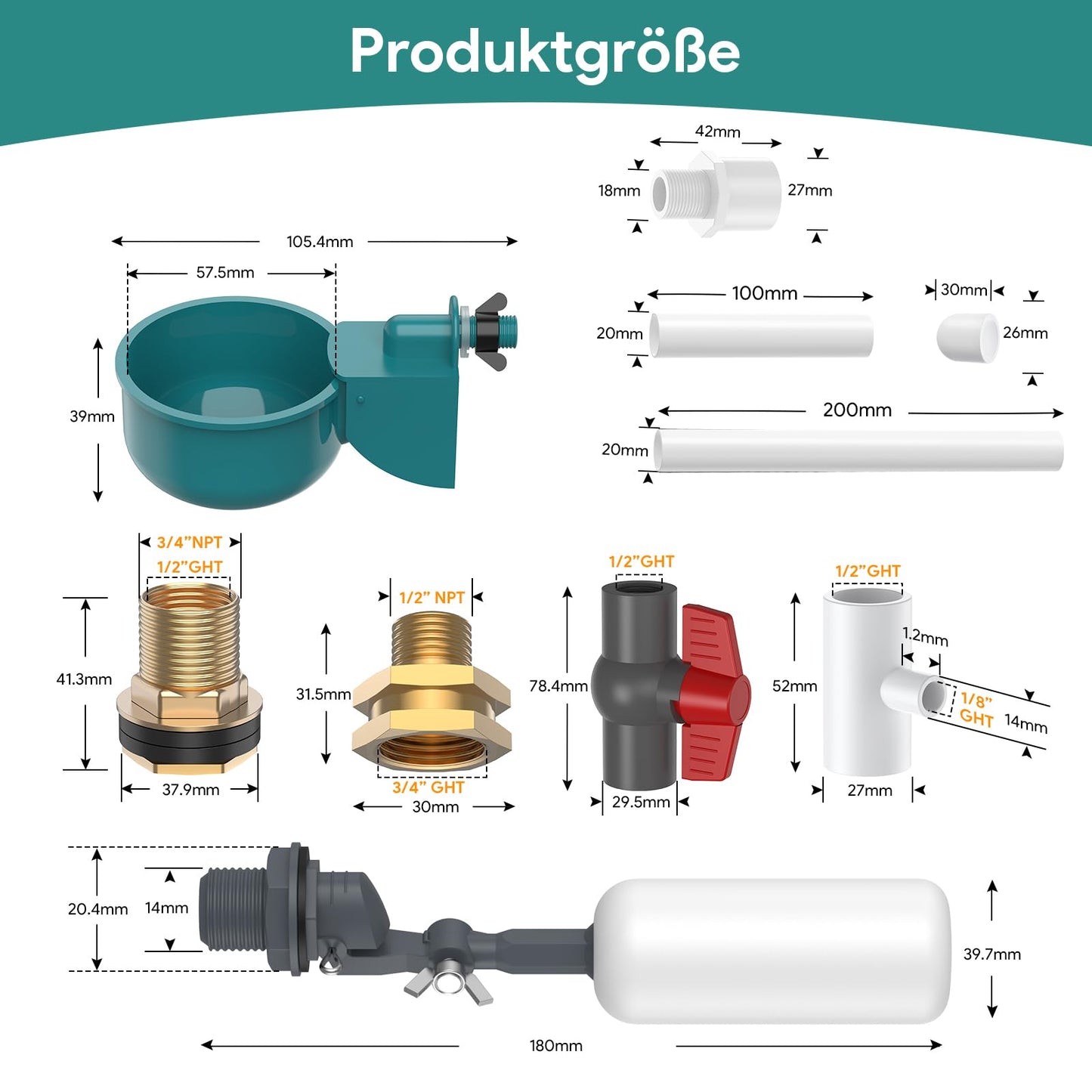 DIY Chicken Waterer Set, complete automatic poultry waterer with 9 drinking cups, 10 water pipes, ball valve, pure copper adapter, waterproof tape.
