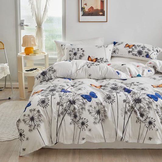 Luofanfei dandelion bedding set 155x220cm with dandelion flowers, butterflies, blue, yellow, grey, and white colors. Made of microfiber with plant leaf pattern. Includes 1 duvet cover and 2 pillowcases 80x80cm with zipper.