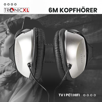 TronicXL TV headphones headband headphones with 6m long cable. Stereo TV headphones for TV, PC, HiFi with 3.5mm jack and 6.35mm plug. Wired, long cable.