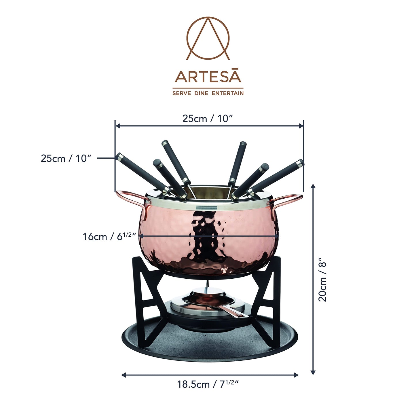 Artesà Fondue Set with 6 forks and stainless steel pot, ceramic bowl, metal stand and burner, for chocolate, cheese, or meat.