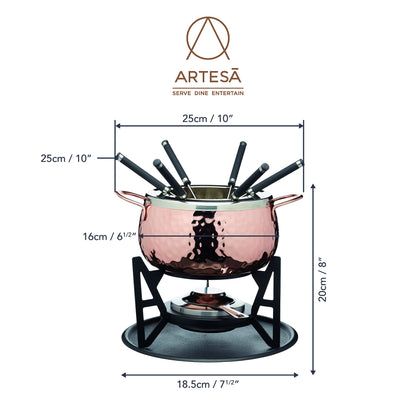 Artesà Fondue Set with 6 forks and stainless steel pot, ceramic bowl, metal stand and burner, for chocolate, cheese, or meat.