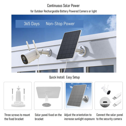 Solar panel for surveillance camera, 6W solar module for security camera, outdoor camera, doorbell and outdoor lighting with USB and USB-C connection, IP65 3m cable, 360° adjustable bracket (2 pack)