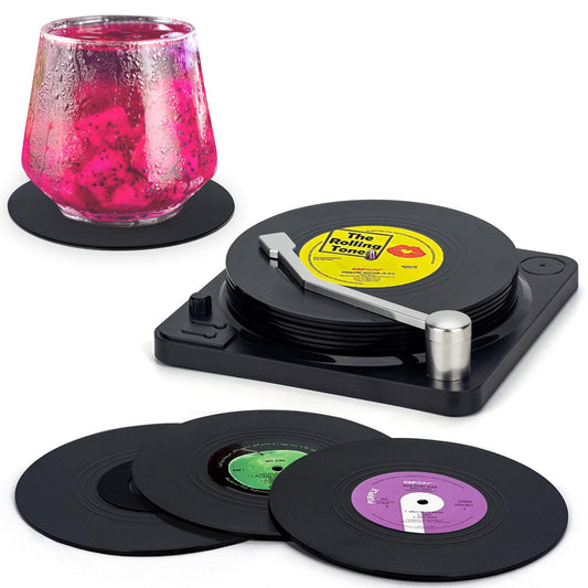 Valdivia retro vinyl record coasters with holder, set of 6 coasters for drinks, bars, parties, office, cafes, tea, cool home decor, and unique housewarming gifts.