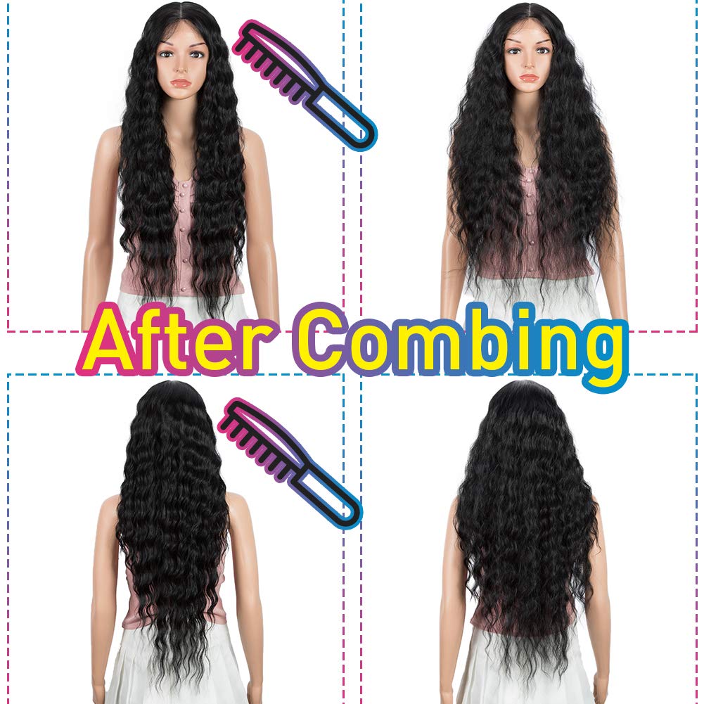 Joedir Lace Front Wigs 76CM long wavy synthetic wig deep part HD transparent lace with baby hair for women 130% density wigs (black)