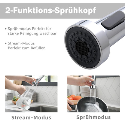 TIMACO kitchen faucet chrome with spiral spring, 360° swiveling sink faucets with two outlets - high pressure.