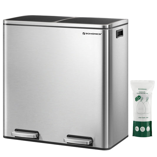 SONGMICS Trash Can, 2 x 30 liters, 2 compartments, waste separation system, pedal bin, kitchen trash can, 15 trash bags, metal, plastic inner bucket, flip lid, soft close, airtight, silver-black LTB60NL