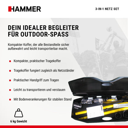 HAMMER 3 in 1 Net Set for Volleyball, Badminton & Tennis, fun for all ages, with carrying case/post stand, easy setup, quick to store and easy to transport.