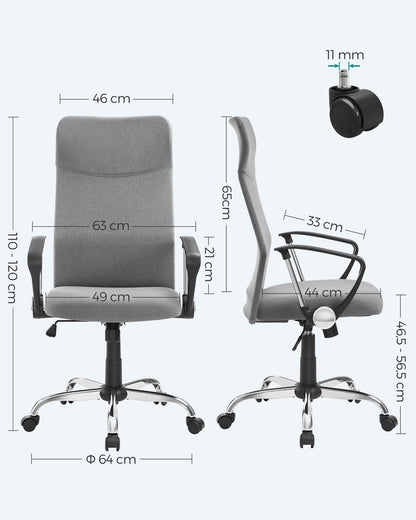 SONGMICS Office Chair, Ergonomic Desk Chair, Swivel Chair, Padded Seat, Height and Tilt Adjustable, Supports up to 120 kg, Gray OBN034G01
