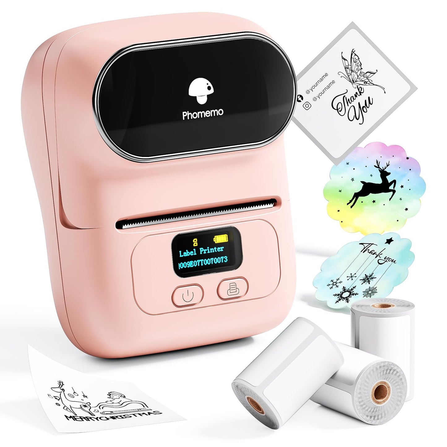 Phomemo M110 Bluetooth label printer, portable label maker with 3 label rolls, barcode printer for retail, office, and small businesses, for phones & PC - Pink.
