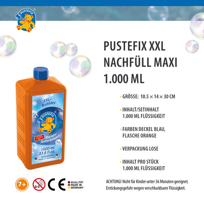 PUSTEFIX XXL-Bubbles + refill bottle Maxi 1 liter I Bubble solution and accessories I Colorful bubbles Made in Germany I For weddings, children's birthdays, civil ceremonies, bachelor parties I Giant bubbles