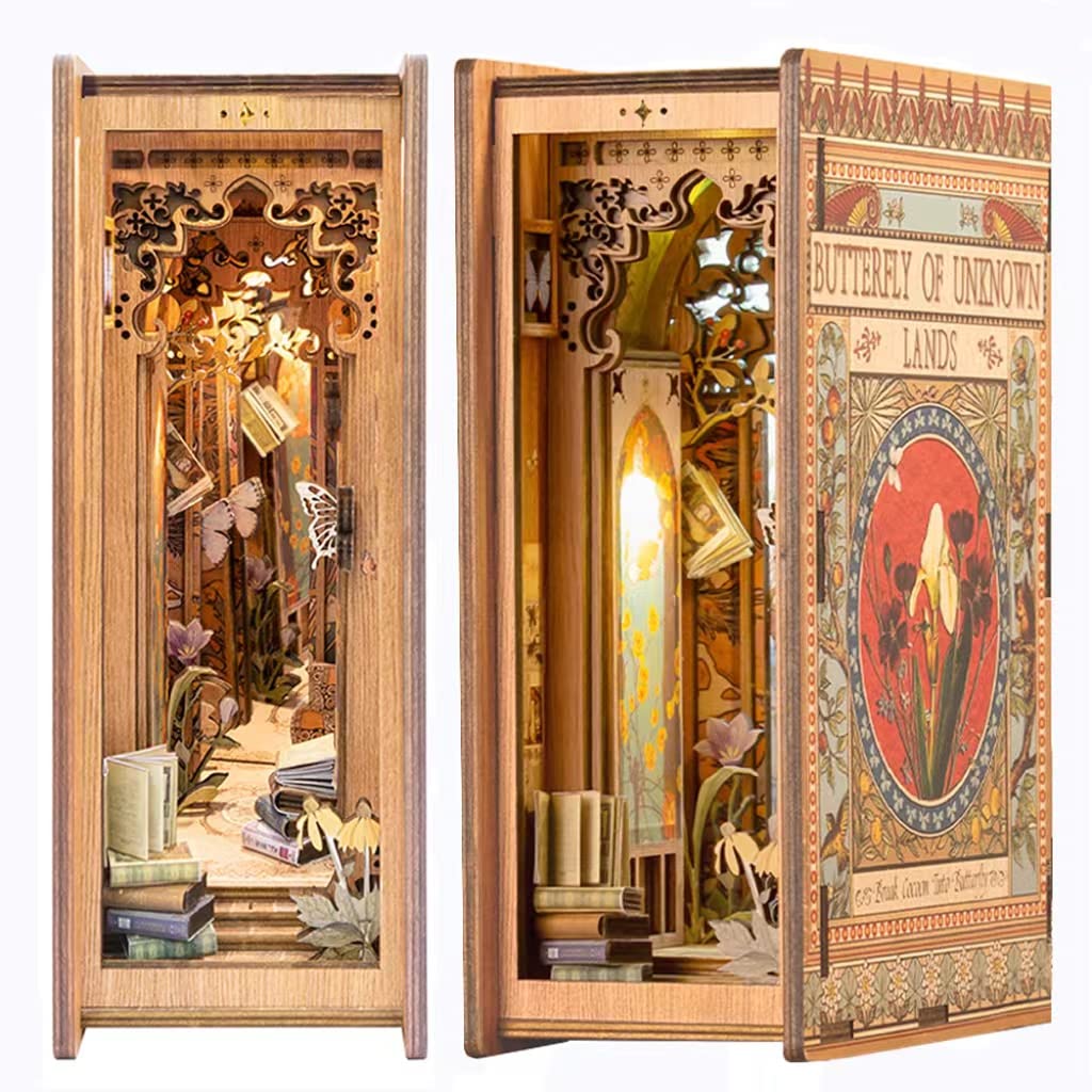 CUTEBEE DIY Book Nook Kit - DIY dollhouse miniature house kit with furniture and LED light, 3D wooden puzzle bookends, model kits for adults to build (Butterfly of Unknown Lands)