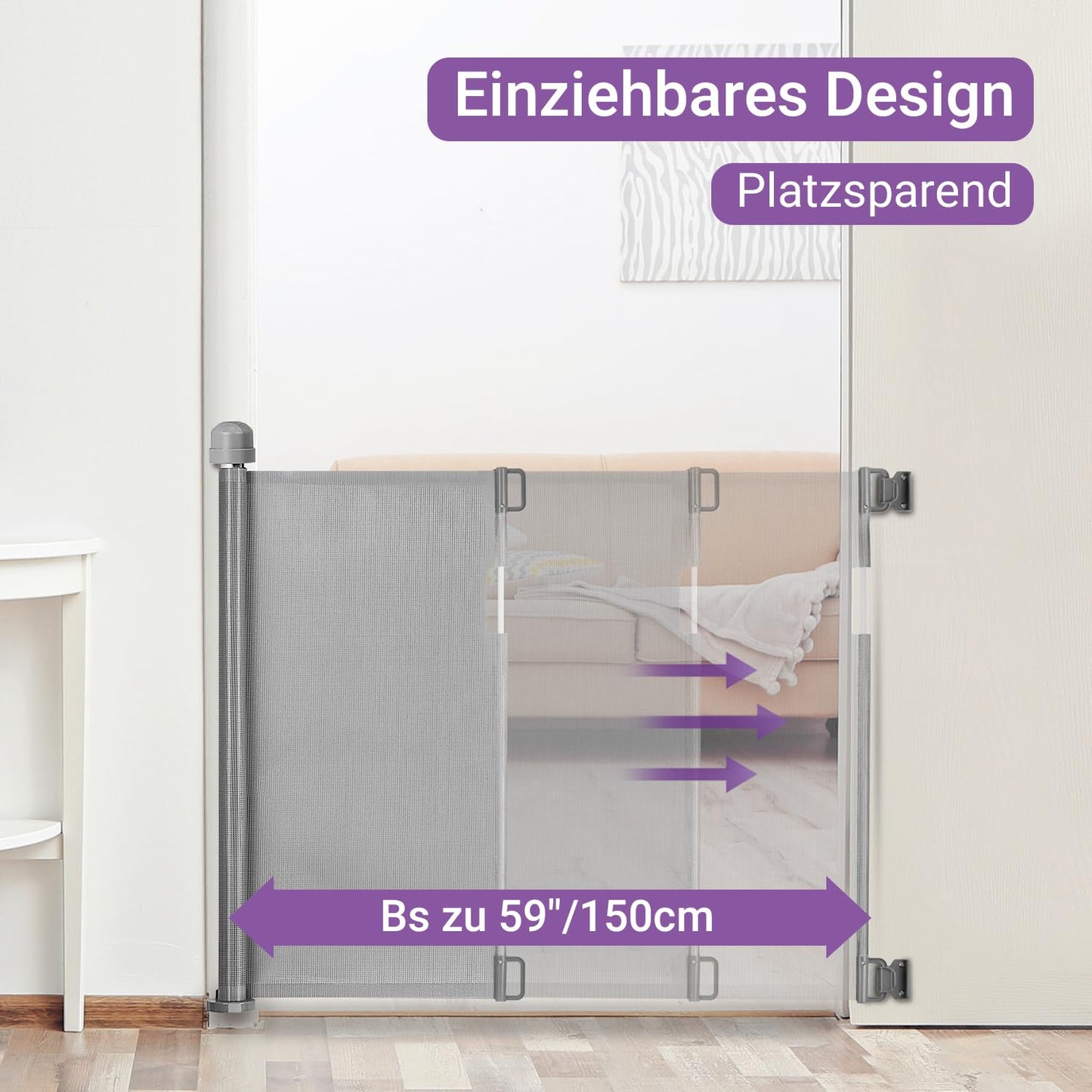 Momcozy Door Protection Gate Stair Protection Gate Roll, 0-140cm Retractable Door and Stair Protection Gate for Babies and Pets, Baby Safety Gate Extendable, Suitable for Indoor and Outdoor Use, Gray