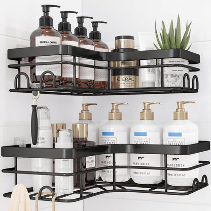 Kitsure shower caddy without drilling - 2 pieces stainless steel shower gel holder with 4 hooks, soap dish, and razor holder, durable corner shower shelf, X-Large.