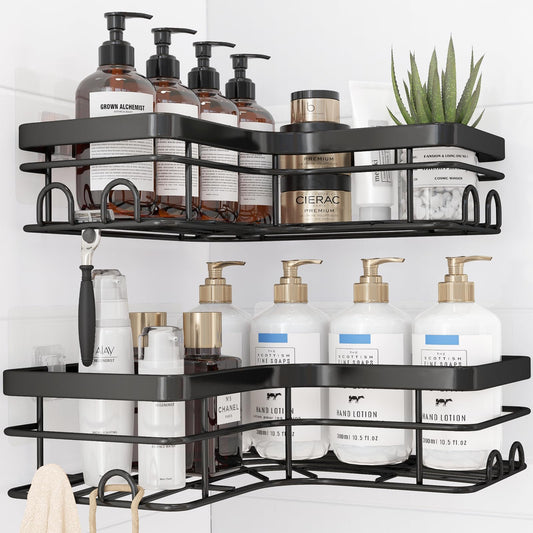Kitsure shower caddy without drilling - 2 pieces stainless steel shower gel holder with 4 hooks, soap dish, and razor holder, durable corner shower shelf, X-Large.
