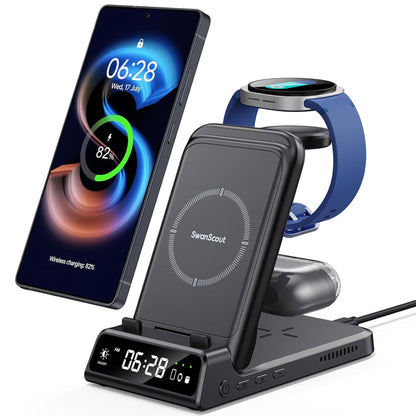 Inductive charging station for Samsung S25/Watch 8/8 Classic, SwanScout 703S, 3 in 1 Wireless Charger for Samsung S25 Ultra/S25+/S24/Fold 7, charger for Galaxy Watch Ultra 2025/7/6/5 & Buds (No Adapter)