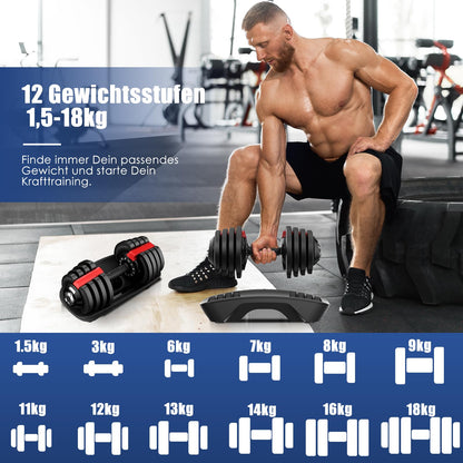 DH FitLife 2 x 18kg adjustable dumbbells 1.5 to 18 KG with 12 weight levels, dumbbells with weight plates, set of 2