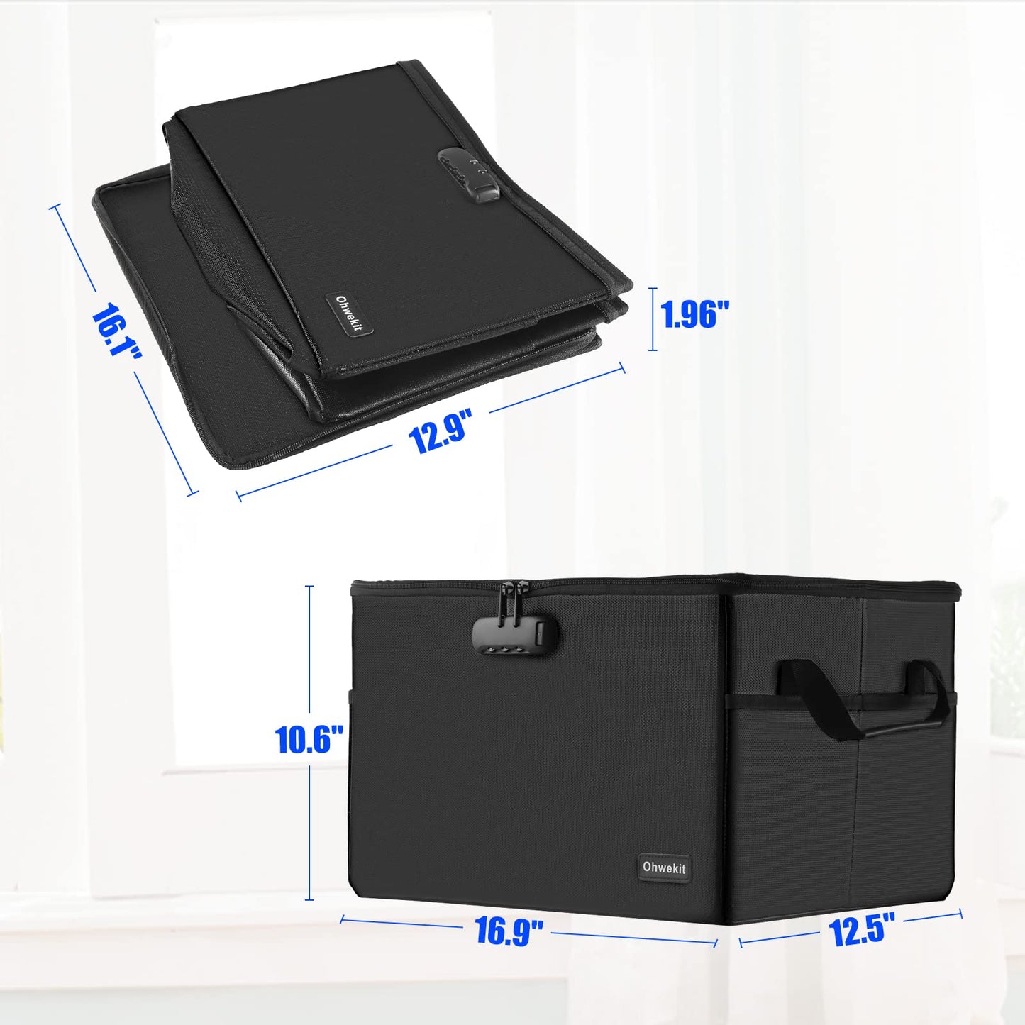 Hodufy Large (409 x 322 x 270 mm) Fireproof Safe Cash Box (2000℉), Waterproof and Fireproof Document Box, Bankers box with lock, collapsible storage box for hanging letters.