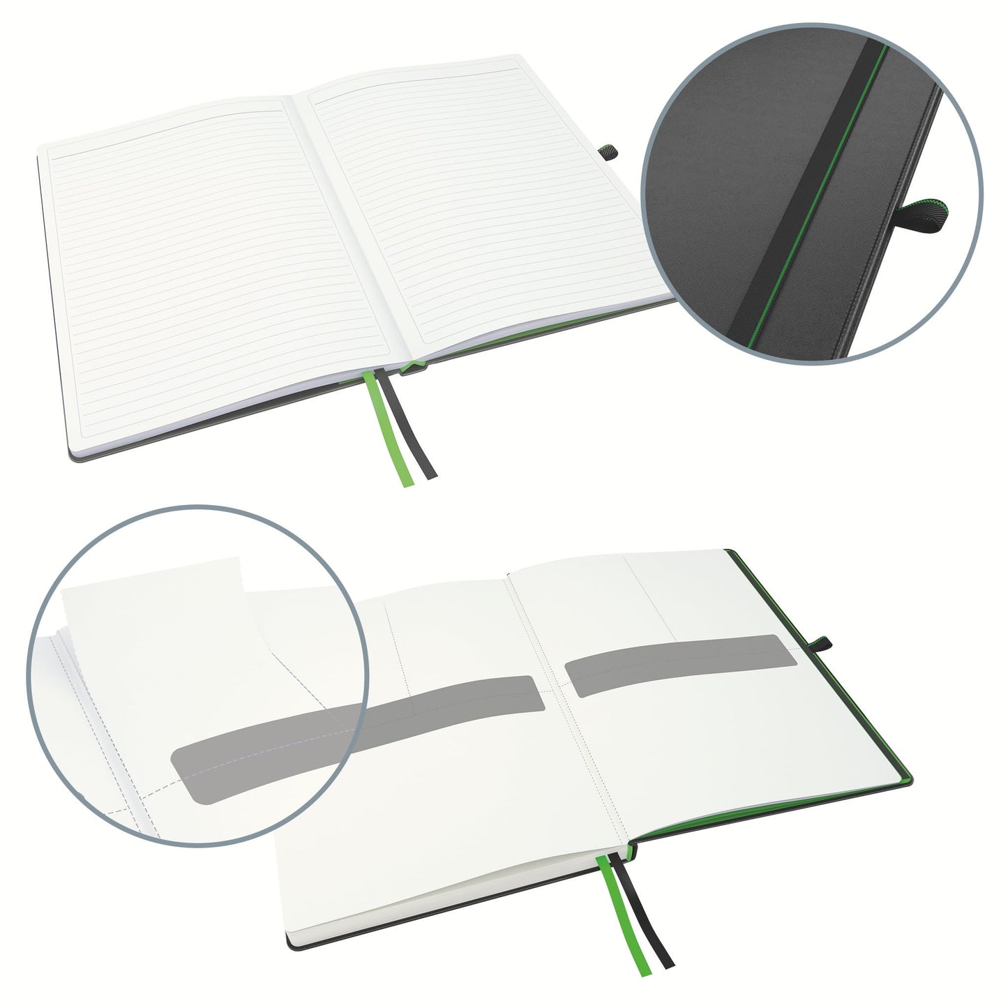Leitz Complete Quality Notebook A6 lined, 160 pages, 80 sheets, hardcover with high-quality cover, 100 g/m² paper FSC certified, closure, bookmark, pen loop, black, 44800095
