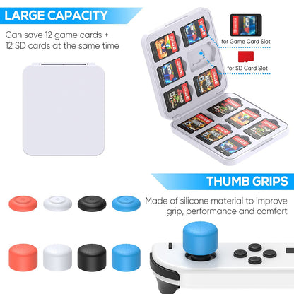 Accessory compatible with Nintendo Switch OLED model, carrying case, dock charger for controllers, adjustable game stand, screen protector, protective case, game cartridge.