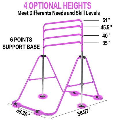 FINGER TEN Kids Gymnastics Bar, Horizontal Kip Bar Foldable Gymnastics Training Equipment 4 Heights Adjustable Horizontal Bars, Gymnastics Bar for Indoor Outdoor Home (Purple)